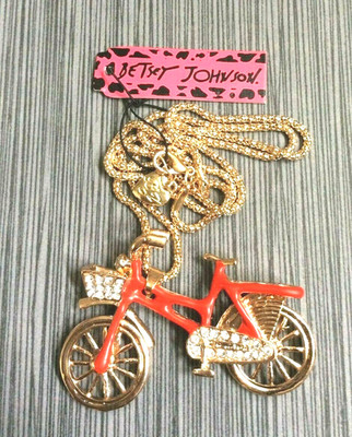 Betsey Johnson Crystal  Red Enamel Bicycle Pendant on Gold Chain Necklace New!