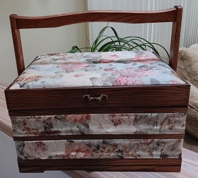 Vintage Wooden & Fabric Two Layer Jewelry, Sewing Box w Movable Handle-12'' Wide!
