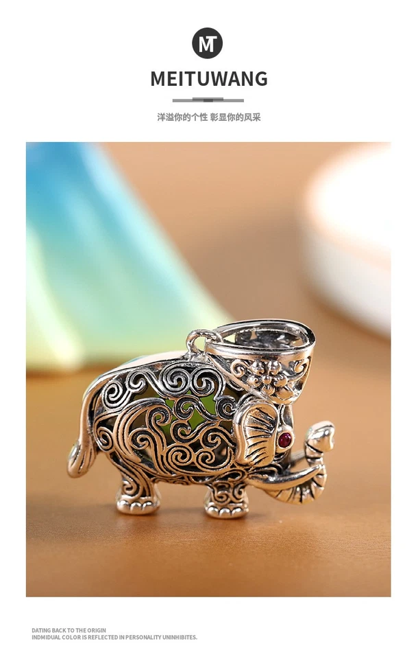 Colgante vintage de plata de ley 925 y elefante de jade filigrana amuleto de buena suerte Foto 2 de 4