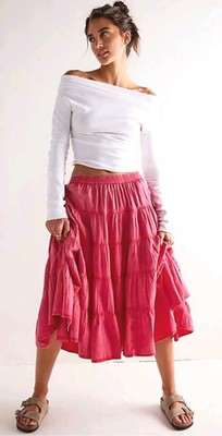 Free People Rock Full Swing rot Midirock Baumwolle Viskose Größe X Small UVP 88 £.