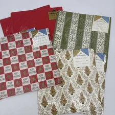 7 NOS VTG Hallmark Gift Wrap Sheets Christmas Velvet And Gold Trees Glitter Red