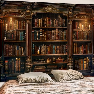Accnicc Vintage Bookshelf Tapestry Medieval Art Book 90''L x 68''W, Brown