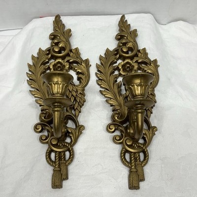 Vintage Pair Burwood #4055 Gold Hollywood Regency Candle Wall Sconces