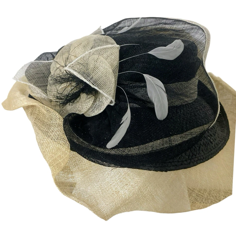 Sombrero Something Special Glam Boda Negro Beige 100% Papel Ala Grande Arco Grande Foto 4 de 4