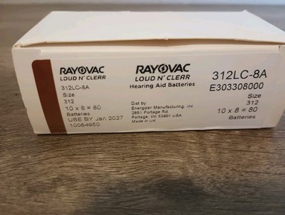 RAYOVAC LOUD N' CLEAR HEARING AID BATTERIES  312LC-8A  80 BATTERIES EXP  1/2027