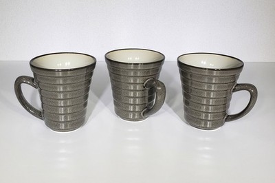 Rare HTF Sango Stoneware Verona Black Coffee Tea Ribbed Mug Set Of 3 Mugs 4'' EUC