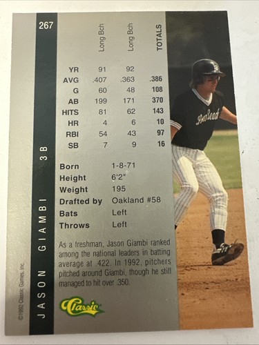 1992 Classic Four Sport Draft Pick Collection - Jason Giambi #267 - Picture 2 of 4