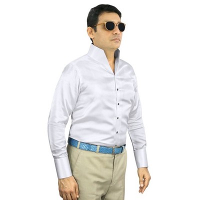 Luxury White Satin Shirt Men High Open V Neck Collar Black Buttons Evening Dress