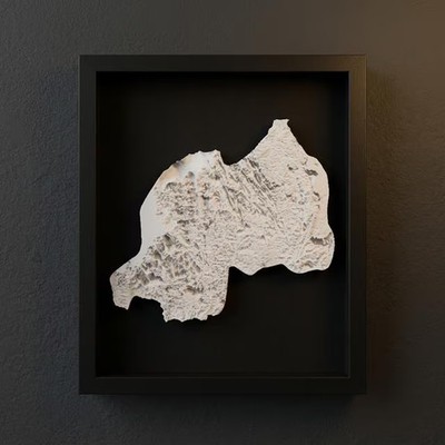3D Rwanda Map Wall Art: Topography in Black Wood Frame