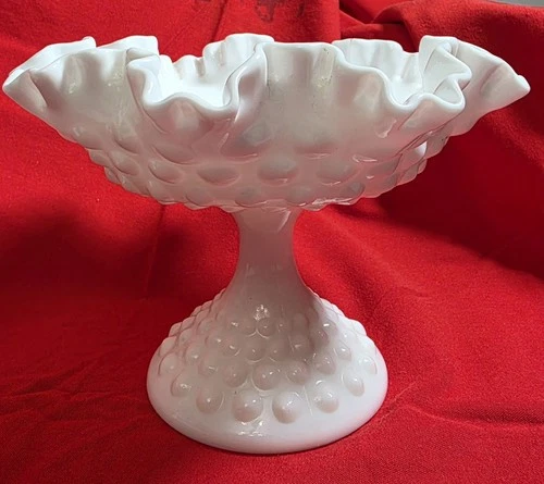 Fenton White Milk Glass Vase 6 with Hobnail Ruffled Edge Vintage Candy Dish