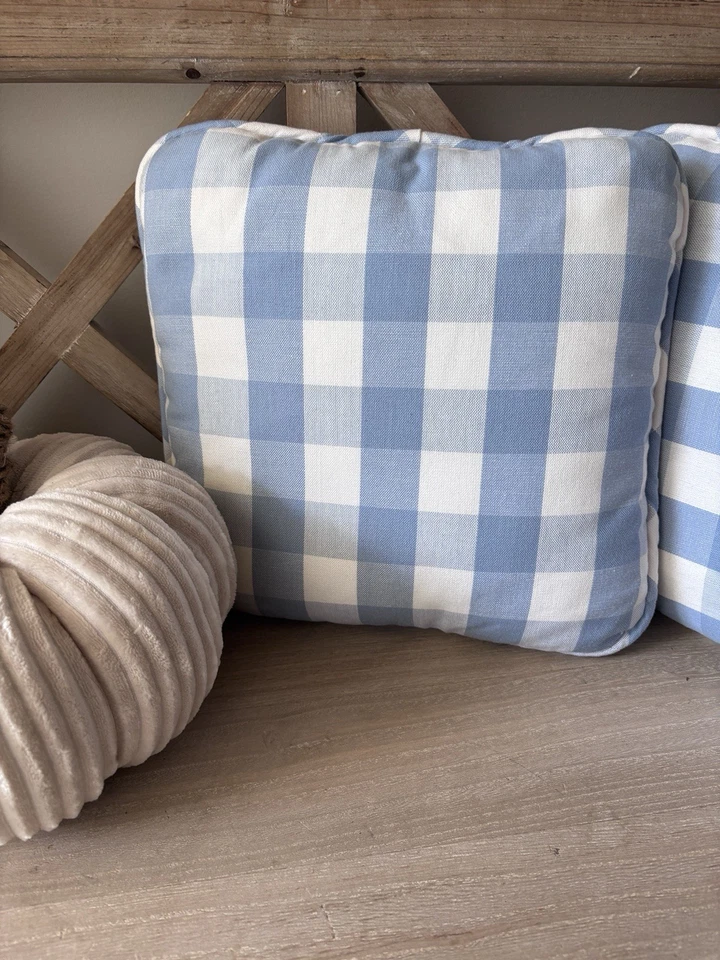 Vintage Pillows Blue White Gingham Plaid Cottage Shabby 2 Pillow Lot Cover - Image 2 of 4