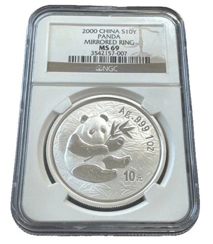 2000 China S10Y Panda Mirrored Ring Silver NGC MS 69