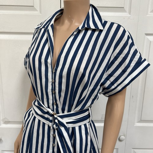 Zara Linin Blend Navy Striped Sailboat Dress Maxi Size L New - Picture 16 of 21