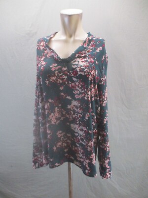 Halogen Size L Womens Floral Round Neck Long Sleeve Stylish Hi-Low Blouse 806