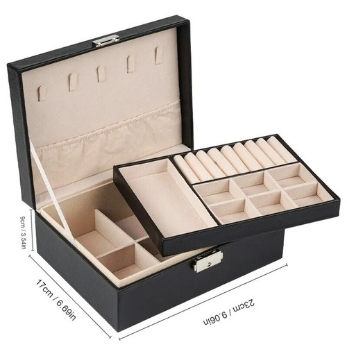2 Schichten Große Schmuckkästchen Leder Aufbewahrungsbox Ringe Halsketten Organizer - Bild 6 von 13