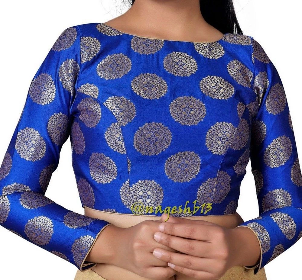 Designer Sari Blouse,Boat Neck Padded Blue Saree Blouse with Long