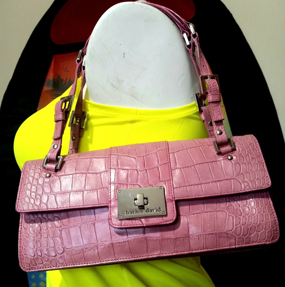 🎄🎉🎁CHARLES DAVID*RARO*Croc ROSA FLAMENCO🦩Bolso expandible multibolsillo de cuero Foto 4 de 4