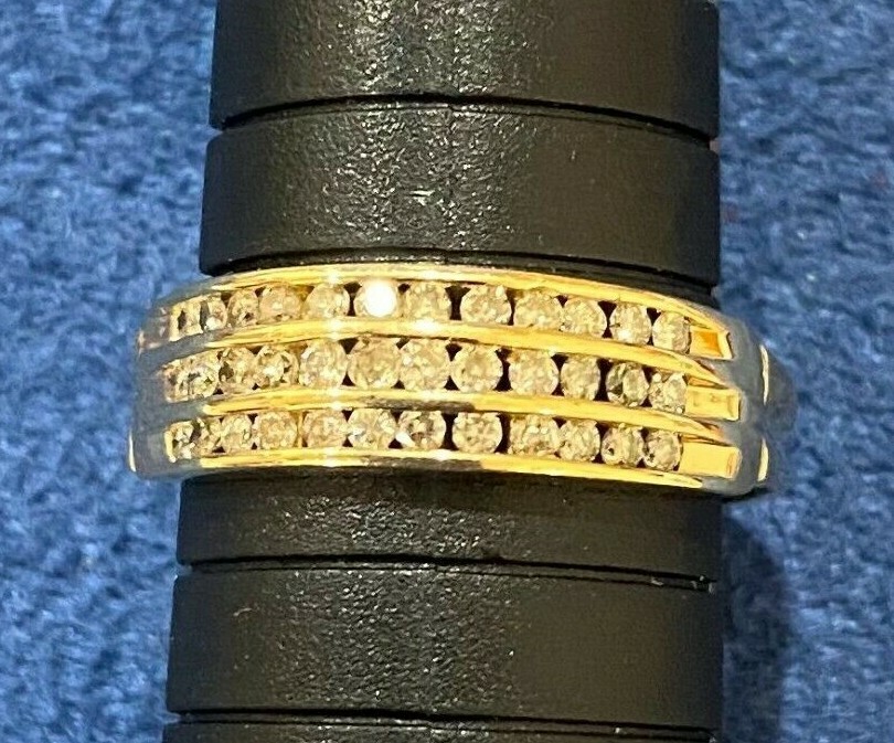 Solid Yellow Gold Three Row Channel-Set Diamond R… - image 1