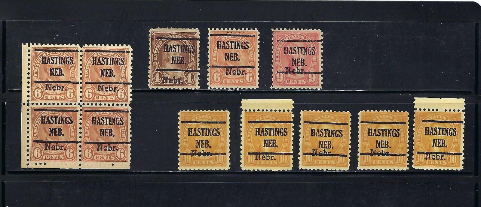 PRECANCELS Hastings, NE "Nebr." overprint 4 denominations, 12 stamps