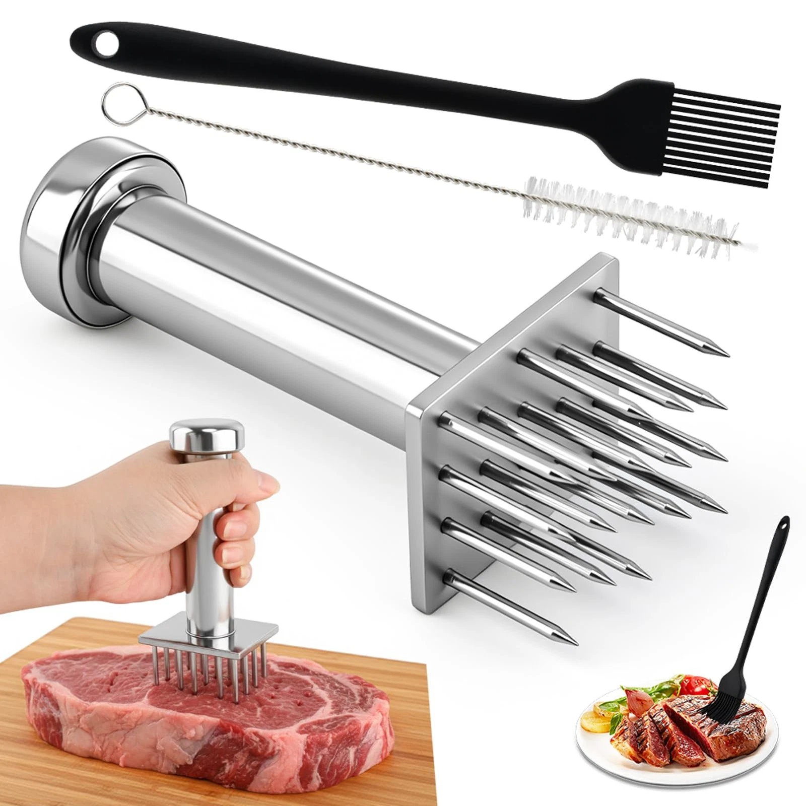 Meat Tenderizer Tool with 18 Sharp Needles, Stainless Steel Meat Tenderizer M...