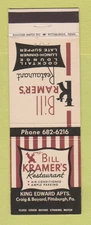 Matchbook Cover - Bill Kramer's Restaurant Pittsburgh PA