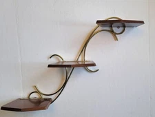 Vtg Century Modern MCM Wood Brass 3 tier Knick-Knack Curio Wall Shelf