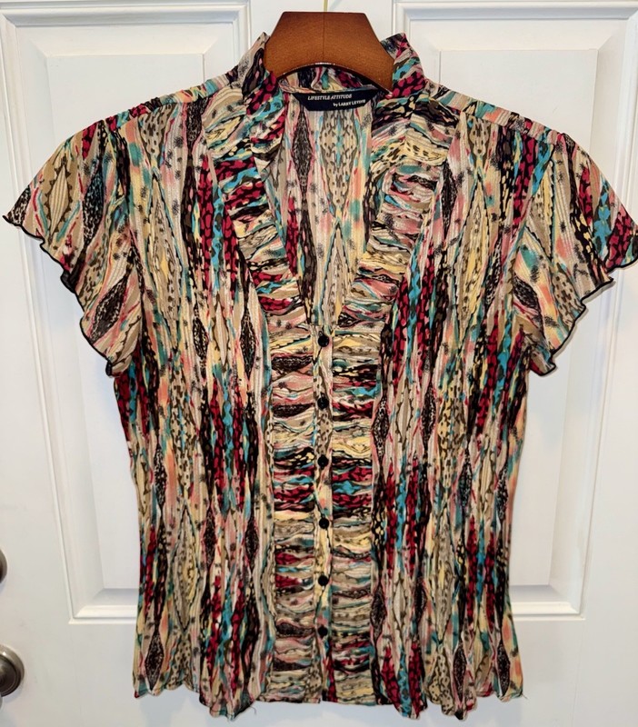 Lifestyle Attitude Larry Levine Womens Polyester SS Button Up Abstract Blouse L