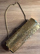 Gold Sequined Clutch Purse Cross-body Bag Metal Chain Party