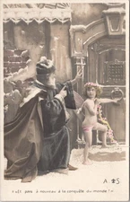 FRENCH CHRISTMAS C/T RPPC-FATHER CHRISTMAS SENDING CUPID LIKE CHILD INTO WORLD