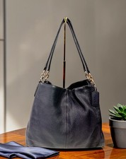 Coach Phoebe Navy Blue Pebbled Leather Hobo Shoulder Bag Purse F35723