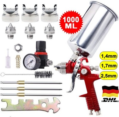Profi HVLP Lackierpistole Spritzpistole Kit mit 3 Düsen - 1,4/ 1,7/ 2,5mm 1000ML