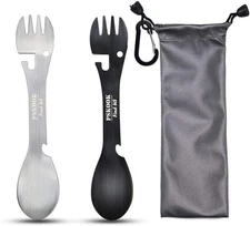PSKOOK 5 in 1 Tactical Spork 2 Pack  MultiTool Camping Utensil Set Black/Silvet