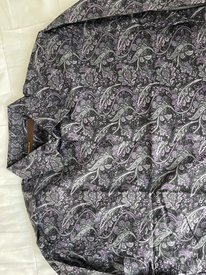Camisa de Vestir Perry Ellis Púrpura Paisley Algodón Talla M Moderna Patrón Raro Foto 4 de 4