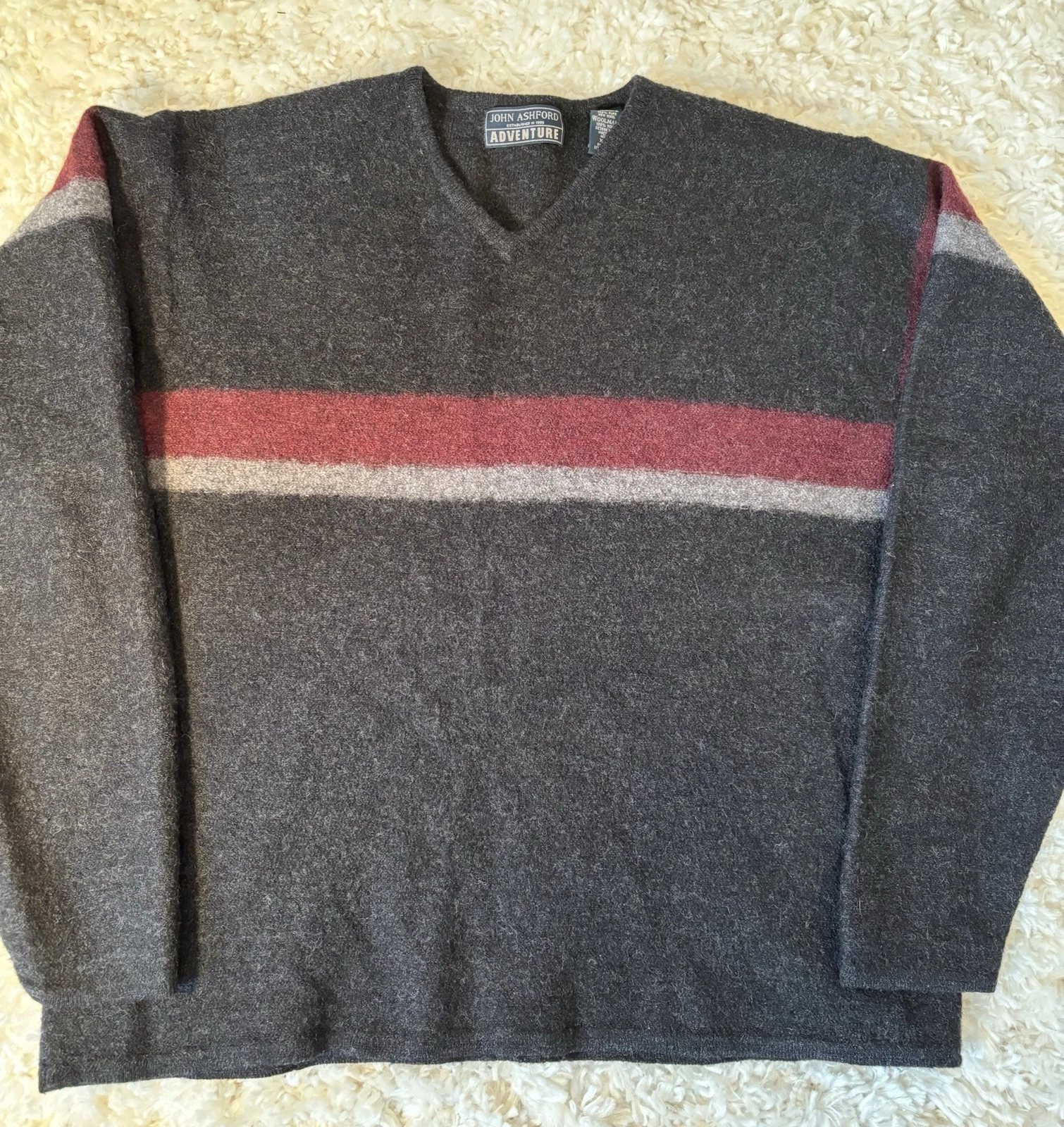 John Ashford Vintage Pure New Wool Pullover Sweater XXL Striped Grey/Burgandy