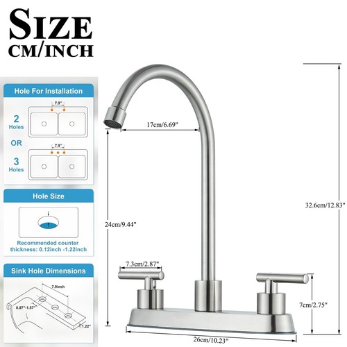 Brushed Nickel 8 inch Centerset Kitchen Faucet 3 Hole 2 Handle Swivel Sink Mixer - Picture 6 of 12