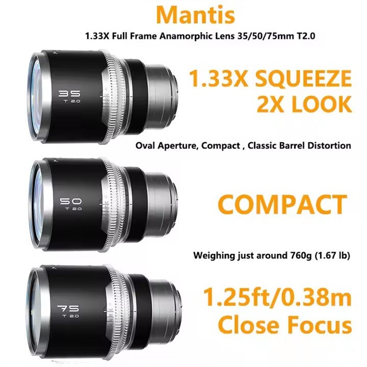 BLAZAR MANTIS 35mm 50mm 75mm T2.0 1.33x FF Anamorphic Lens for