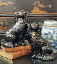 Glorious Rare 19C Black Jackfield English Staffordshire Spaniel Dog Pair 9.5”