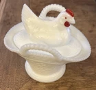 Vintage Westmoreland Milk Glass Hen On Nest Basket Lidded Candy Trinket Dish