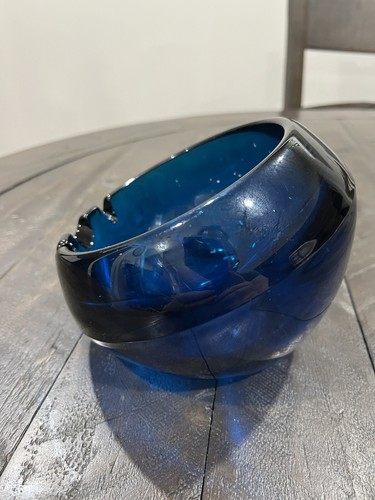 Vintage Mid Century Modern Viking Glass Orb Ashtray Cobalt Blue 6” Bluenique - Picture 3 of 6