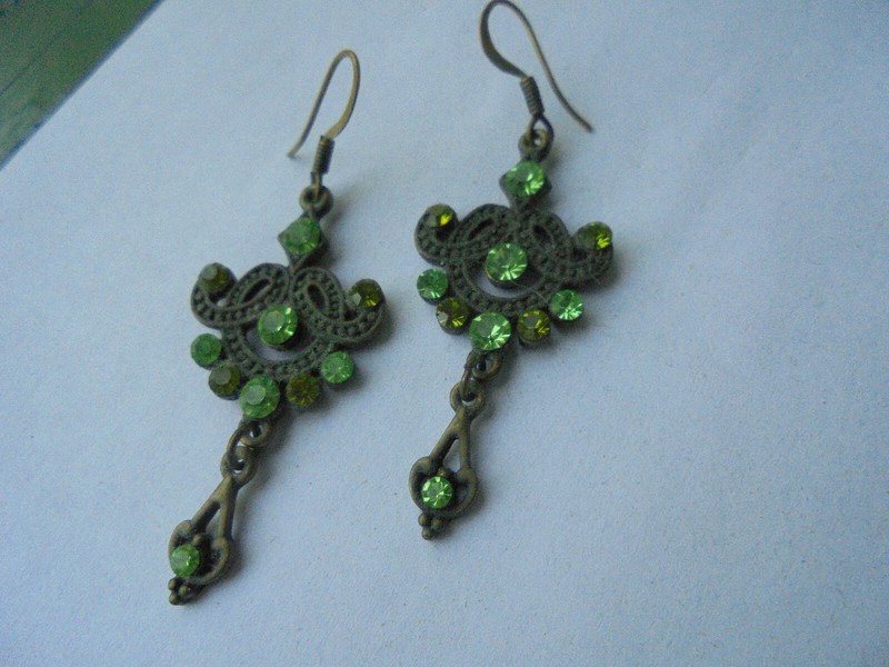 JAZZY 2 GREEN RHINESTONE ANTIQUE EARRINGS approx 1+3/4" DROP DANGLE