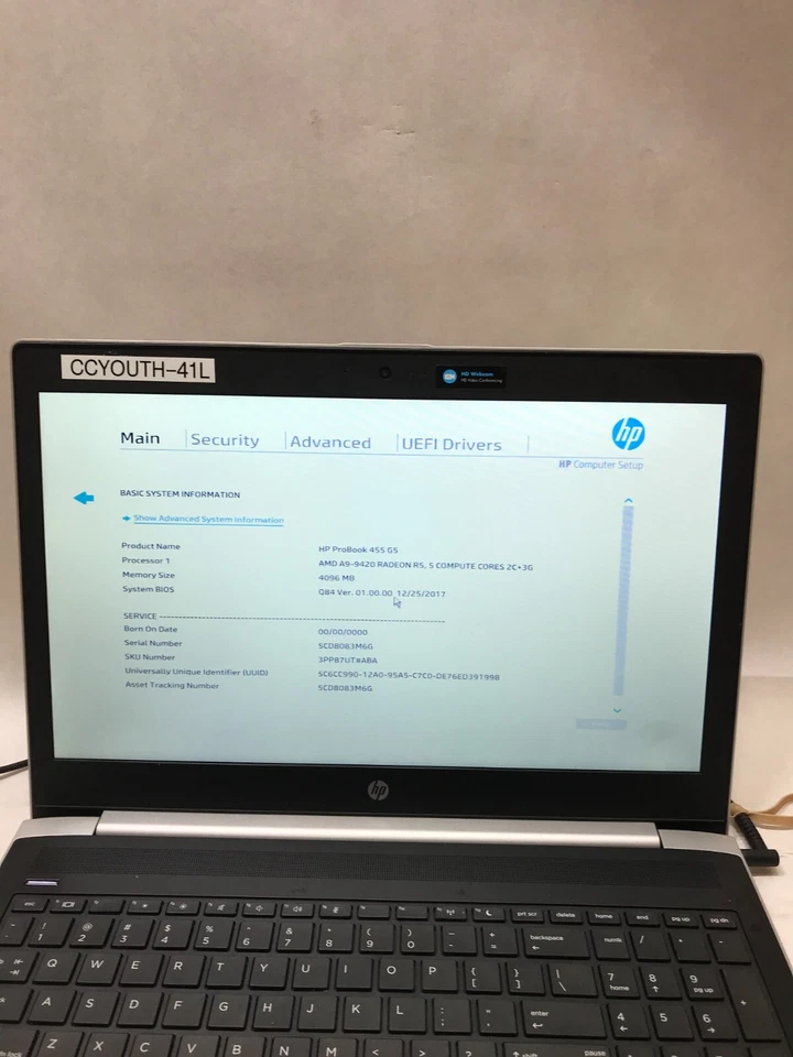 HP ProBook 455 G5 15 дюймов AMD A9-9420 4 ГБ RAM без жесткого диска/ОС на запчасти загрузочная петля как есть DW - Изображение 2 из 4