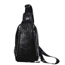 Genuine Leather Sling Backpack Black Men's Crossbody Chest Bag Crocodile Pattern