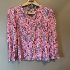 Talbots Womens Paisley Print Long Sleeve Popover Top Blouse Size S Pink Career