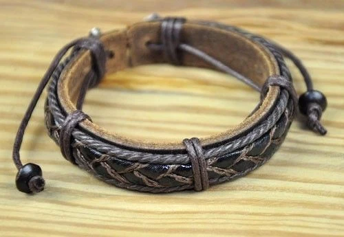 Pulsera brazalete pulsera de cuero y cáñamo Surfer Cool banda de tela negra C28 Foto 3 de 3