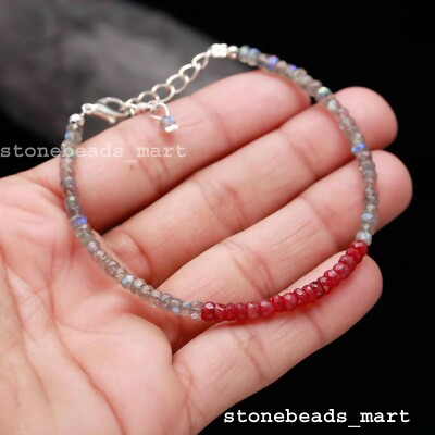 Excellent Dainty Corundum Ruby+Labradorite Rondelle Faceted Gemstone Bracelet 7''
