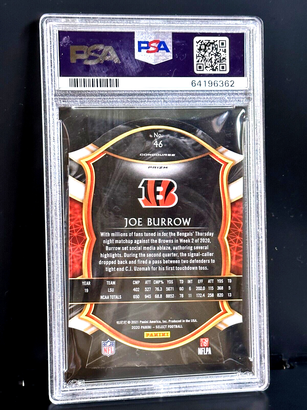 2020 PANINI SELECT JOE BURROW DIE CUT BLUE ROOKIE CARD #46 PSA MINT 9 BENGALS view 2