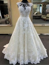 Modest Wedding Dresses Sheer Neck A line Lace Appliques Full Length Bridal Gown