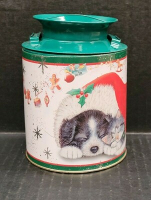 1997 Kathleen Smith Fitzpatrick VINTAGE METAL MILKCAN Tin Cute Puppy & Kitten 5''