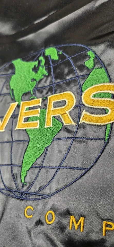 Vtg Mac Murray Embroidered Universal Studios Bomber Jacket NavyBlue Satin Large - Image 4 of 4