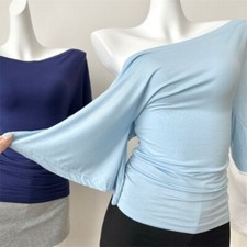 Femme Off-The-Shoulder T-Shirt Évasé Manche Extensible Cintré Chemisier Élégant